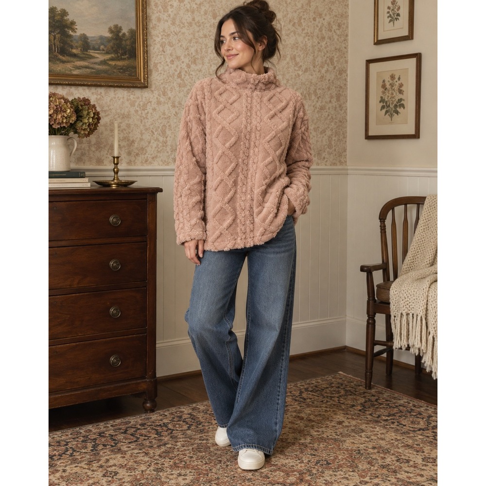 Eddie Bauer Cable Fleece Pullover – Size Large – Pink